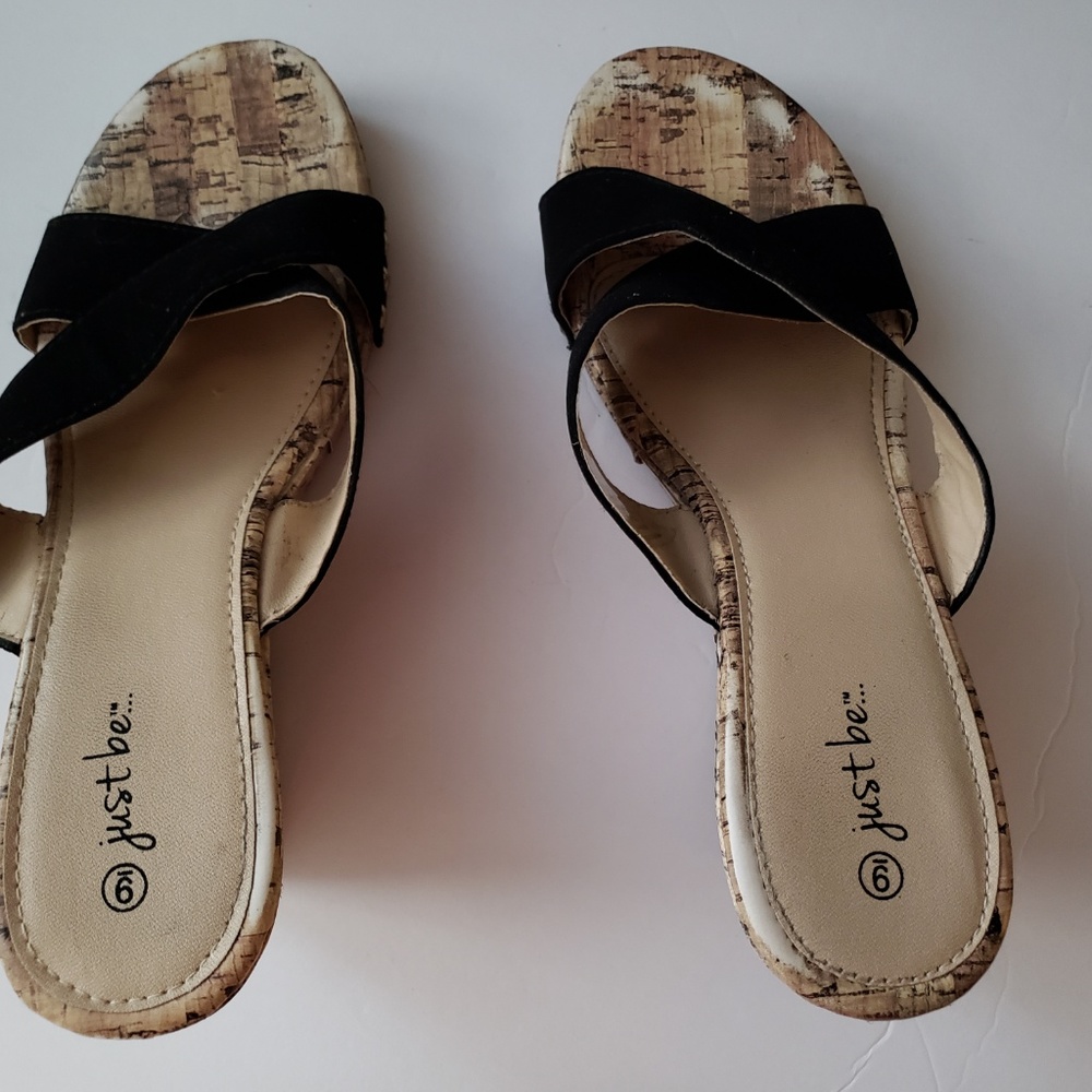 Just Be Black Wedge Sandals Size 9 Faux Cork Heels - Picture 4 of 4